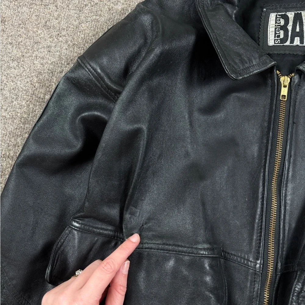 Vintage 90s Black Genuine Leather Distressed Full Zip Bomber Jacket Mens Size XL